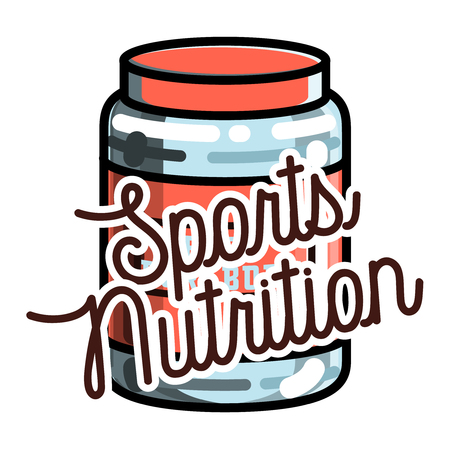Color vintage sports nutrition emblem, realistic fitness supplies set vector illustrationのイラスト素材
