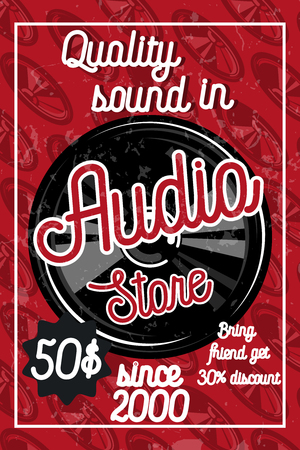 Vintage audio store poster. Music studio, radio and shop labels with sample text. Music icons for audio store, recording studio label, podcast and radio station, branding and identity.のイラスト素材