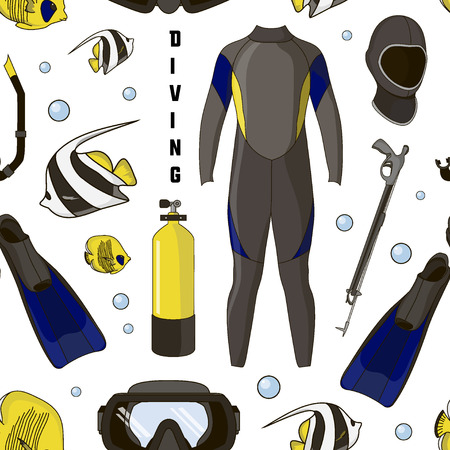 Diving equipment pattern. Aqualung, oxygen cylinders, depth gauge, flashlight, snorkel and mask, flippers and gloves and speargunのイラスト素材