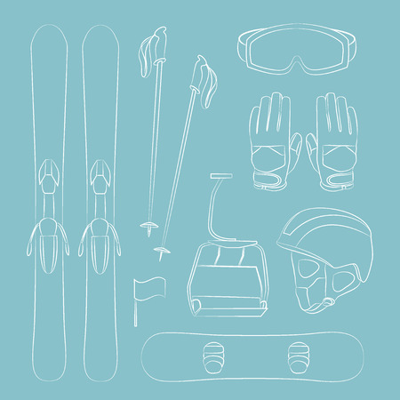 Skiing equipment vector icons. Set skis and ski poles. Winter equipment icons family vacation, activity or travel skiing equipment. Winter sport mountain skiing cold recreation. Skiing equipment.のイラスト素材