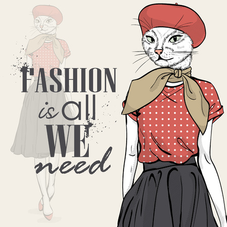 Elegant woman with cats head in red capのイラスト素材
