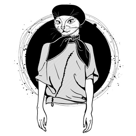 Vector elegant woman with cats hadのイラスト素材