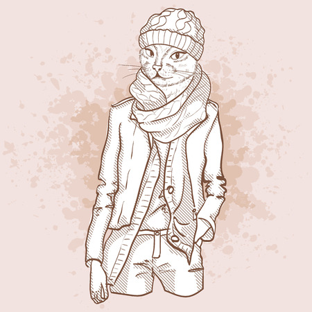 A Vector sketch of female model with cats head wearing ankle boots, oversize dress, scarf, turban and sunglassesのイラスト素材