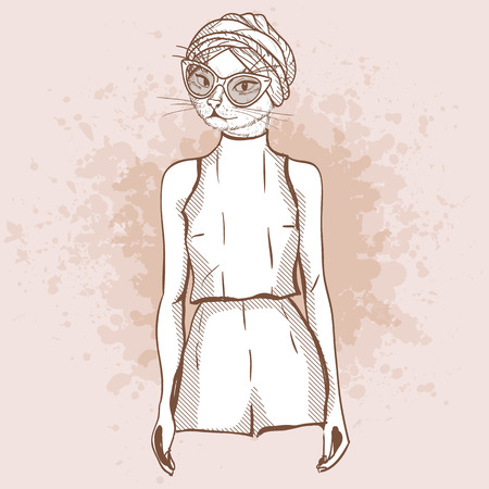 Cool Vector sketch of female model with cats head wearing overall, ballet flats, turban and sunglassesのイラスト素材