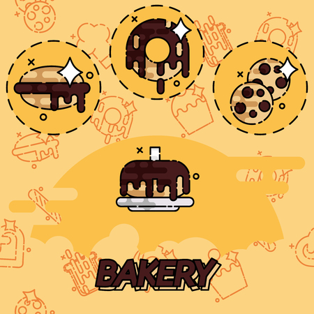 Bakery flat concept icons with sweet pastries products ingredients baker equipment isolated vector illustrationのイラスト素材