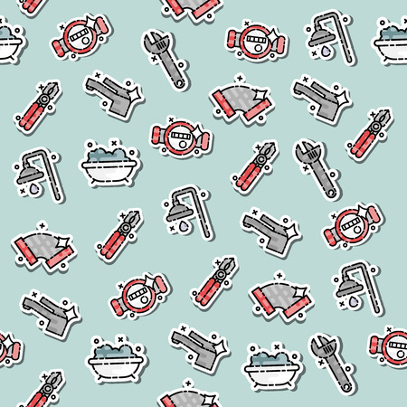 Plumbing concept icons pattern. Plumber and wrench. Engineer character. Plumber repairing a pipe under a sink. Flat icon modern design style conceptのイラスト素材