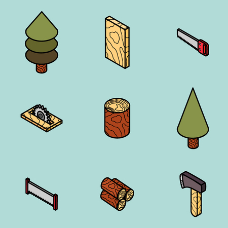 Lumberjack flat outline isometric setのイラスト素材