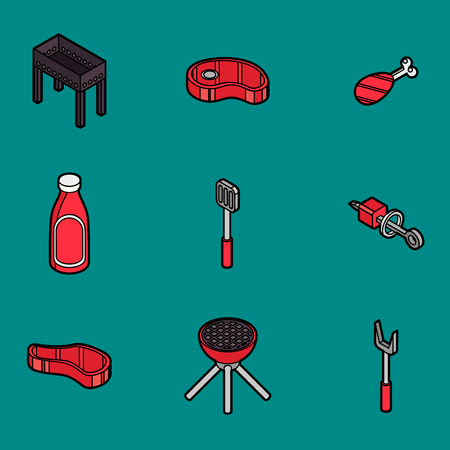 BBQ color outline isometric iconsのイラスト素材