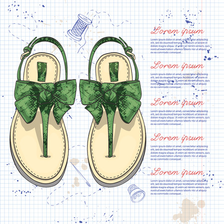 Women's t-strap flip flops with a reptile leather bow on a notebook pageのイラスト素材