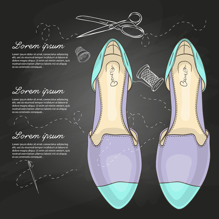 A Vector color womens pointy toe flats on a chalk board on plain background.のイラスト素材