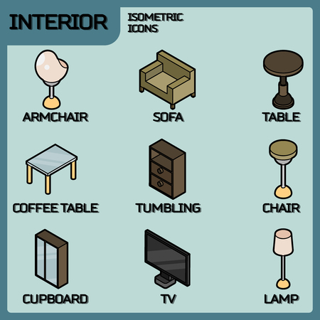 Interior color outline isometric icons isolated vector illustrationのイラスト素材