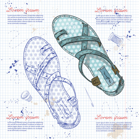 Vector sketch two color womens sandals on a notebook pageのイラスト素材