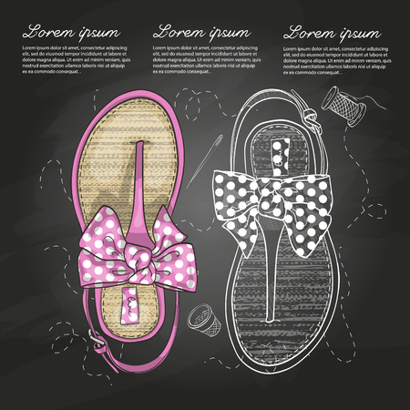 Vector sketch women flip flops with polka-dot bow on a chalk board.の ...
