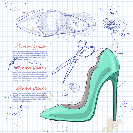 Vector sketch womens stiletto patent leather pumps on a notebook pageのイラスト素材