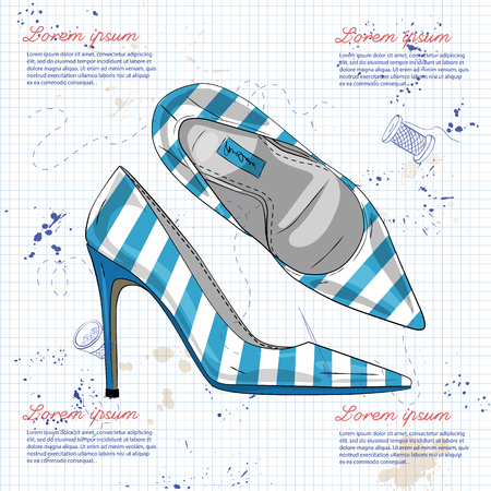 Vector women's striped pointed shoes on a notebook pageのイラスト素材