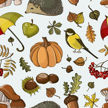 Autumn symbols pattern of elements for your design with pumpkins, sunflower, leaves, cones, acorns, ears, branches and otherのイラスト素材