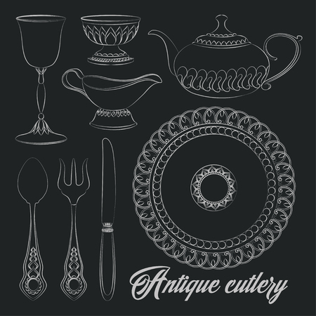 Hand drawn antique silver cutlery set Vector illustrationのイラスト素材