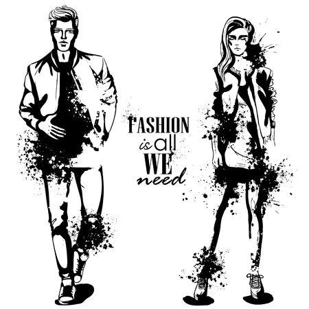Vector woman and man fashion models, spring collage look, splash stile. Fashion is all we needのイラスト素材