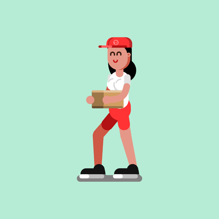 Delivery girl with cap hold a box, package illustration.のイラスト素材