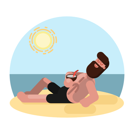 Man laying on beach with cocktailのイラスト素材