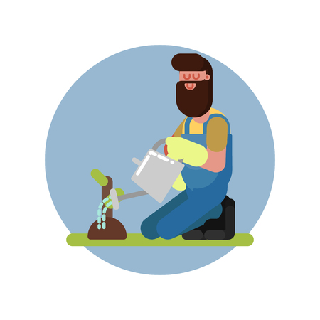 Man watering the plant on his kneesのイラスト素材