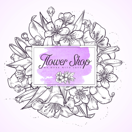 Bouquet of lily and sakura flowersのイラスト素材
