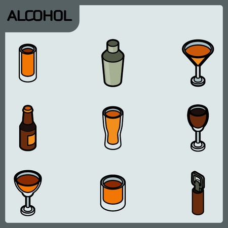 Alcohol color outline isometric iconsのイラスト素材