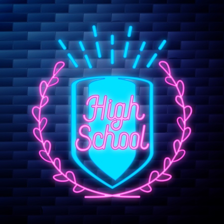 Vintage back to school emblem glowing neon sign on brick wall backgroundのイラスト素材