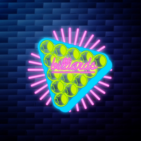 Vintage billiard emblem glowing neon sign on brick wall background