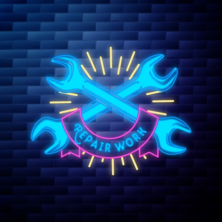 Vintage repair workshop emblem glowing v sign on brick wall backgroundのイラスト素材