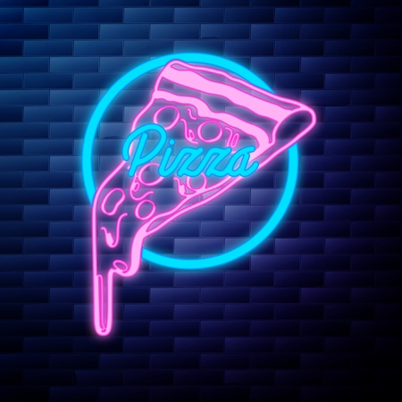Vintage pizza emblem glowing neon sign on brick wall backgroundの写真素材