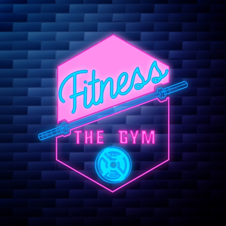 Vintage fitness, gym emblem glowing neon sign on brick wall backgroundの写真素材