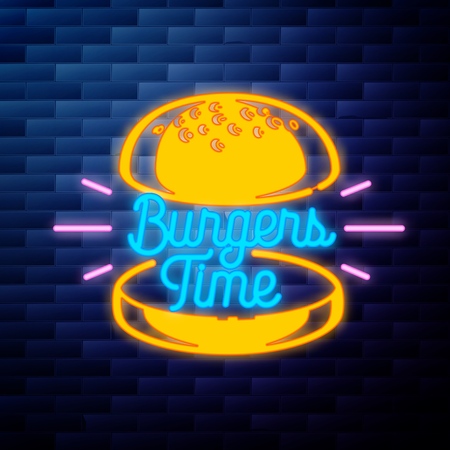 Vintage fast food emblem glowing neon sign on brick wall backgroundの写真素材