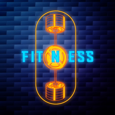 Vintage fitness, gym emblem glowing neon sign on brick wall backgroundの写真素材