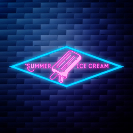Vintage summer season emblem glowing neon sign on brick wall backgroundのイラスト素材
