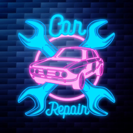Vintage Car repair emblem glowing neon sign on brick wall backgroundのイラスト素材