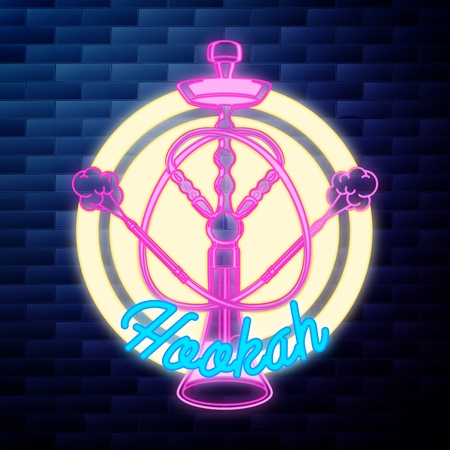 Vintage hookah emblem glowing neon sign on brick wall backgroundのイラスト素材