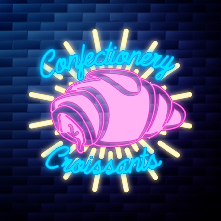 Vintage confectionery emblem glowing neon sign on brick wall backgroundのイラスト素材