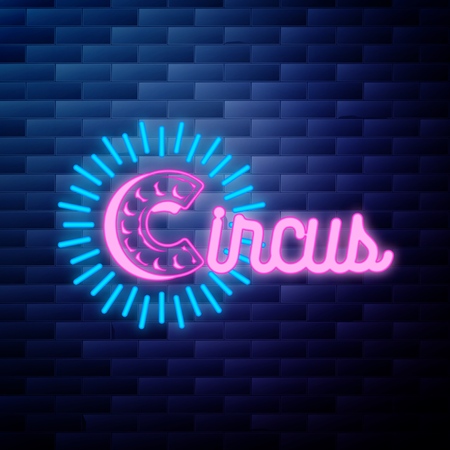 Vintage circus emblem glowing neon sign on brick wall backgroundのイラスト素材