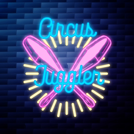 Vintage circus emblem glowing neon sign on brick wall backgroundのイラスト素材