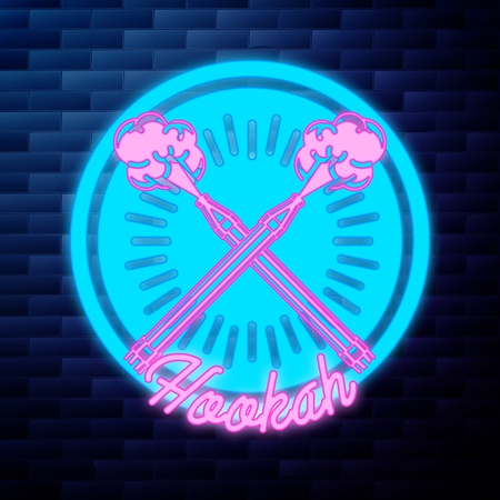 Vintage hookah emblem glowing neon sign on brick wall background