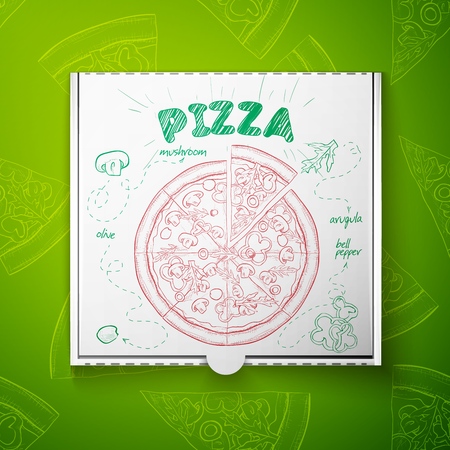 Cardboard box with pizza mashroom. Vector illustration, EPS 10のイラスト素材