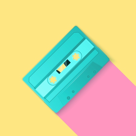 Painted Retro turquoise cassette tapes on pink and yellow background, fashion concept illustrationのイラスト素材