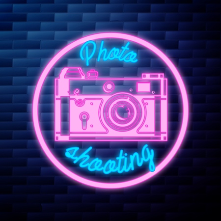 Vintage photographer emblem glowing neon signのイラスト素材