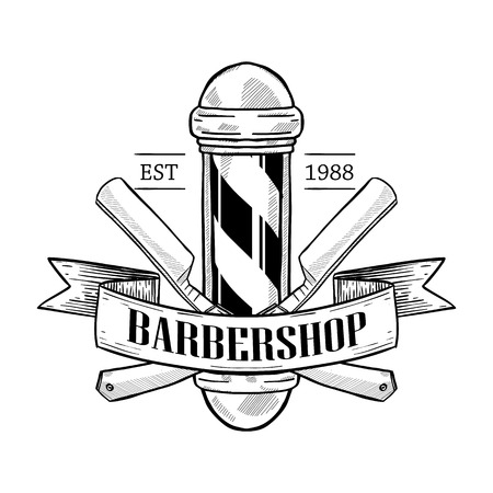 Barbershop logo with dangerous razor, pole and a ribbonの写真素材