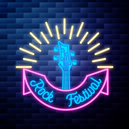 Vintage rock festival emblem glowing neon sign on brick wall backgroundのイラスト素材