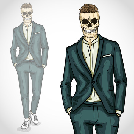 Vector man with skull with hairstyle, wearing suitのイラスト素材