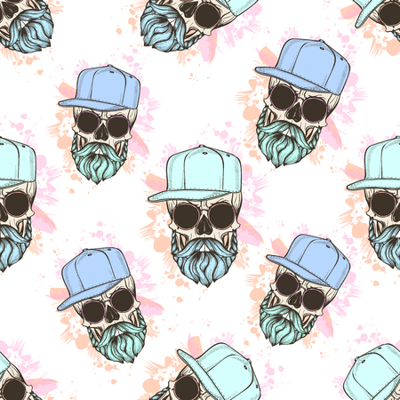 Seamless color pattern with skull, mustaches, hat and color splashesのイラスト素材