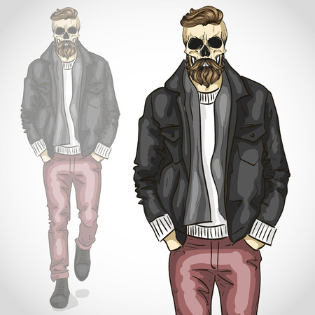 Vector man with skull and beard and moustachesのイラスト素材