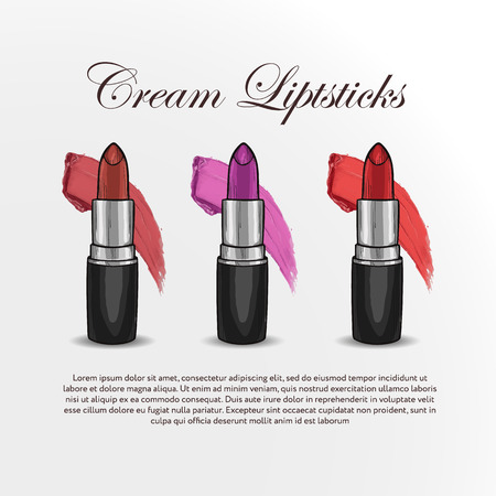 Hand drawn color sketch of three cream lipsticksのイラスト素材